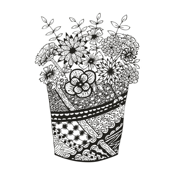 花瓶与涂鸦手绘花卉和图案图片下载