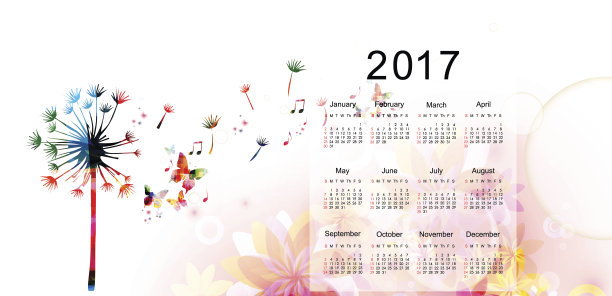 日历规划师2017年设计模板与五颜六色的蒲公英图片下载