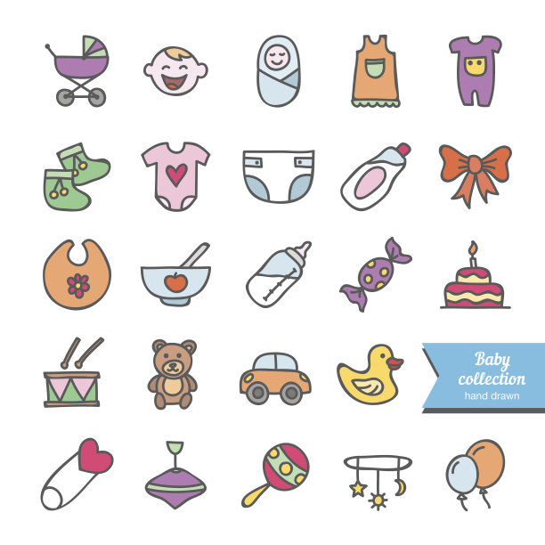 手绘婴儿和儿童图标:玩具，食物，衣服，婴儿职员图片下载