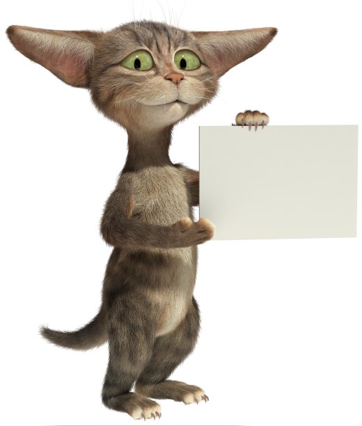 3D微笑毛茸茸的小猫抱着一个空白的旗帜。图片下载