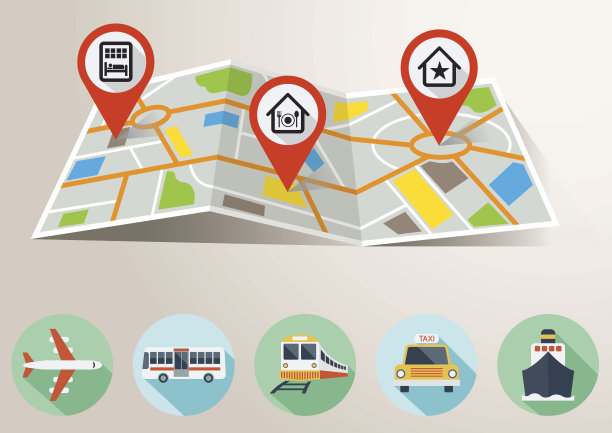 旅行地图与GPS大头针标记和运输平面图标图片下载