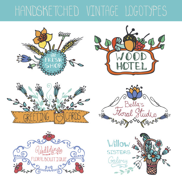 复古花卉标志集。涂鸦手粗略的图片下载