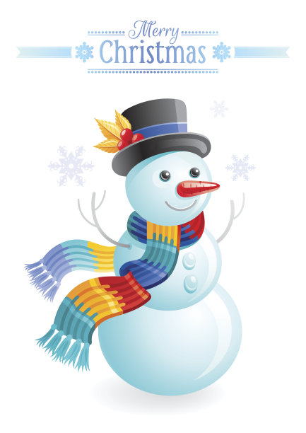 圣诞快乐矢量插图。戴着帽子、围巾、冬青浆果的雪人图片下载