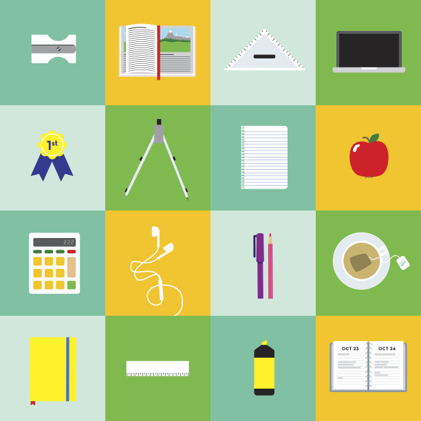 一组平面图标的学校在彩色的背景图片下载