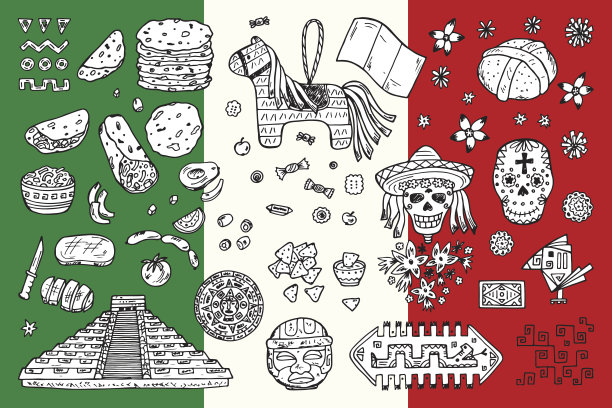 墨西哥向量集。亡灵节属性，样式，食物图片下载
