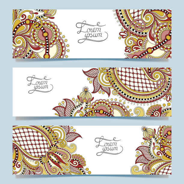 一套三个水平横幅与装饰装饰的花图片下载