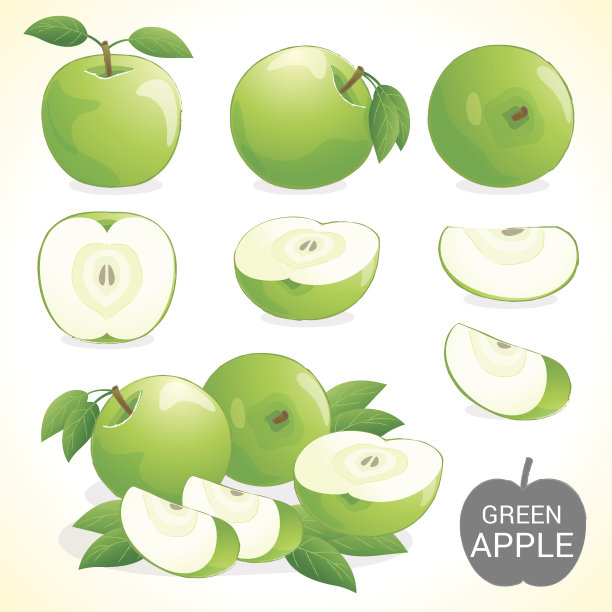 一套绿色的苹果水果在各种风格矢量格式图片下载