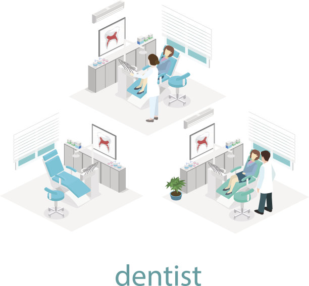 牙科诊所内部的等距平面。图片下载
