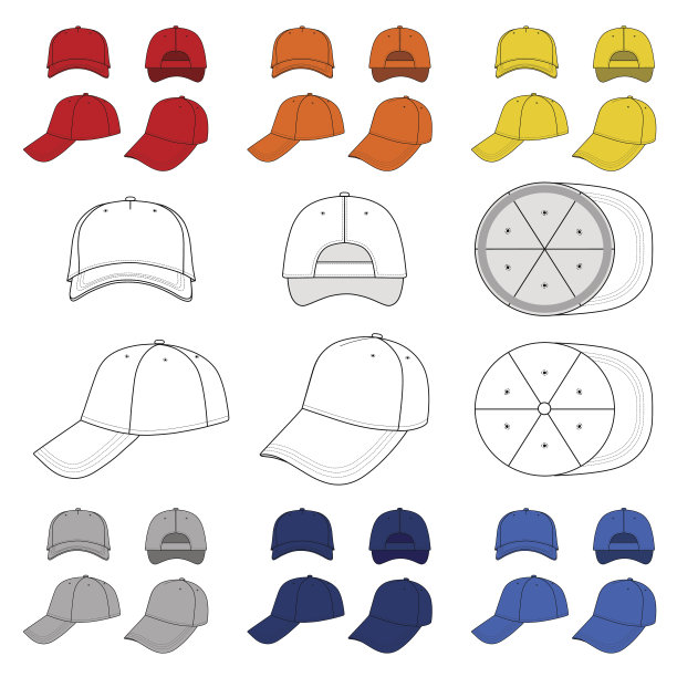 彩色棒球，网球帽轮廓模板图片下载