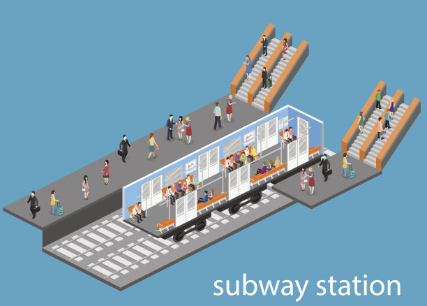 地铁车厢内部的等距平面三维概念向量。素材图片