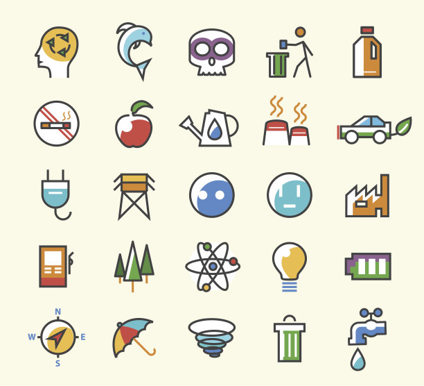 一套25个极简主义固体线彩色生态图标。图片下载