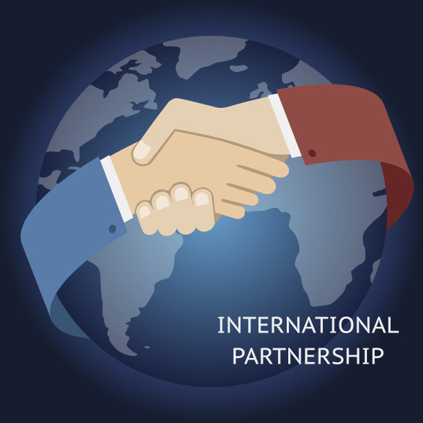 全球地图上的国际合作图标商人握手符号图片下载