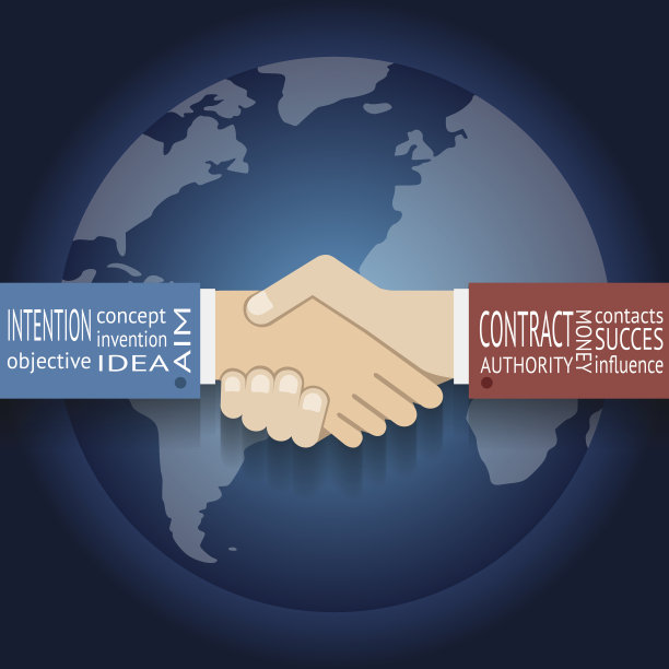 全球地图上的国际合作图标商人握手符号图片下载