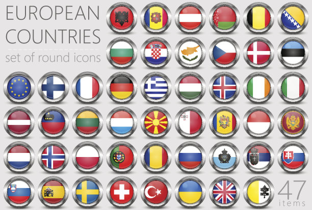欧洲的旗帜。金属圆形图标图片下载