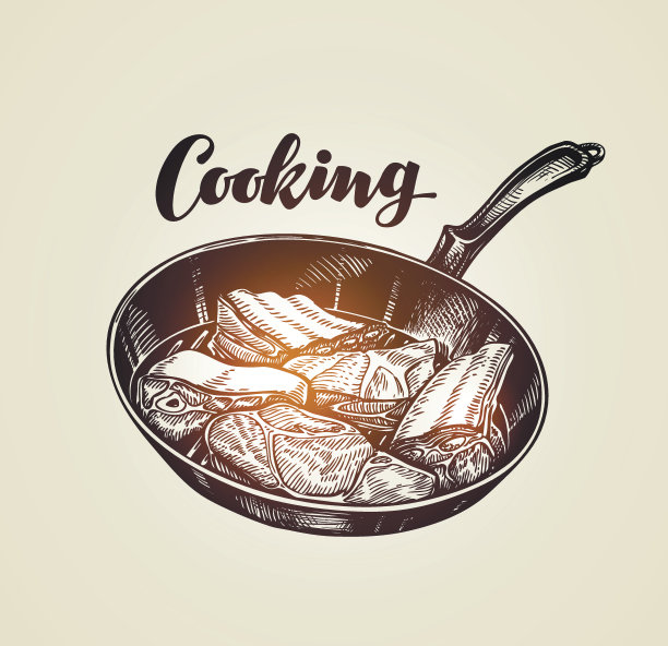 煎锅上的熟牛排。餐厅矢量图图片下载