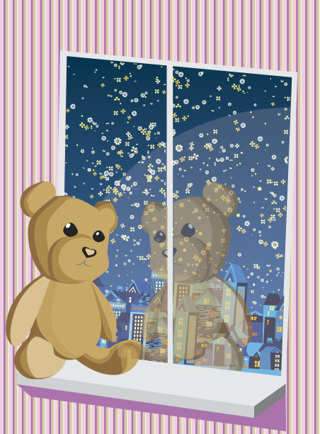 泰迪熊坐在窗前图片下载