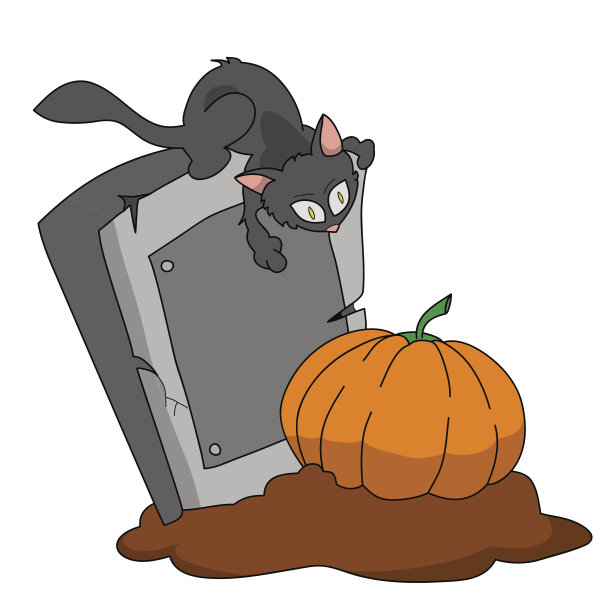 黑猫坐在墓碑上看着南瓜。图片下载