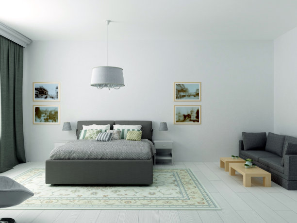 明亮舒适的卧室在经典现代风格和橄榄色图片下载