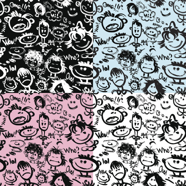 一组无缝模式。卡通面孔有着不同的情感图片下载