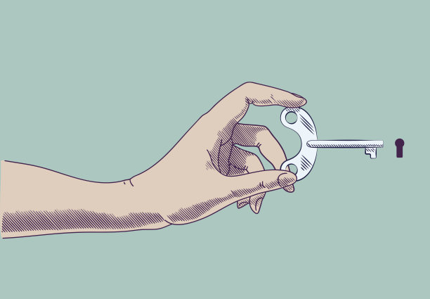 手握钥匙在钥匙孔。概念插图，复古的绘画风格图片下载