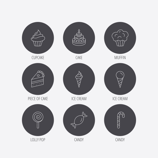 蛋糕、糖果和松饼图标。蛋糕的迹象。图片下载