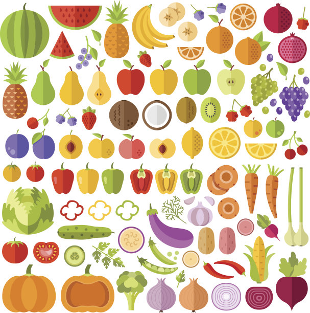 水果和蔬菜平面图标设置。矢量图标，矢量插图素材图片