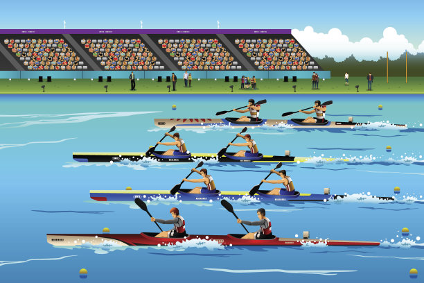 比赛中人们在河里划着独木舟图片下载