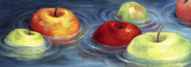 五颜六色的苹果漂浮在河流域。图片下载