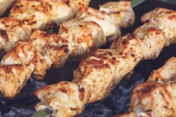 火盆上的烤肉串。鸡羊肉串素材图片