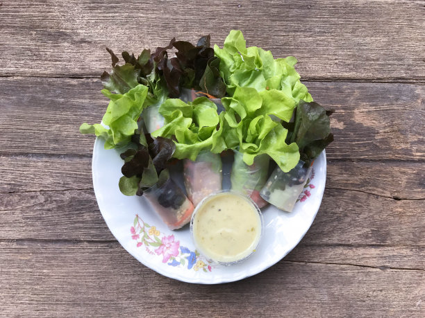 新鲜蔬菜沙拉卷在面条管。图片下载