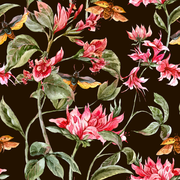 水彩无缝背景与粉红色的花和甲虫图片下载