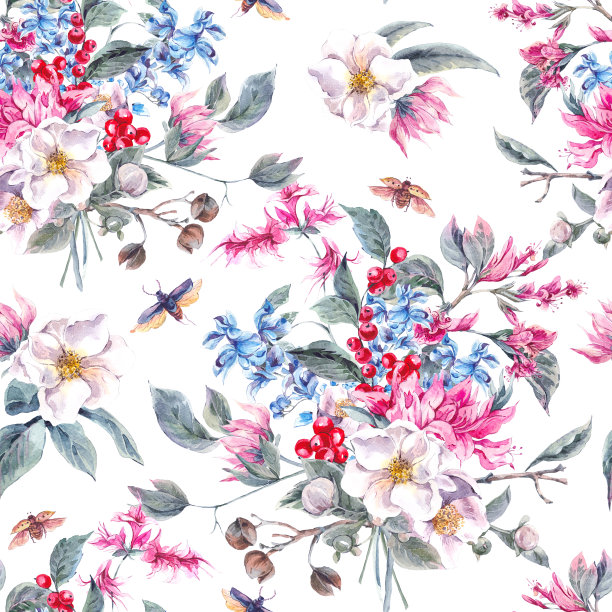 水彩无缝背景与粉红色的花和甲虫图片下载
