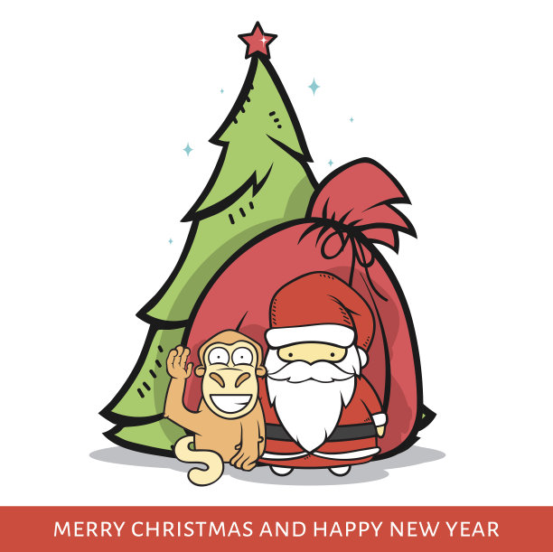 猴子与圣诞老人，杉树，袋在涂鸦风格图片下载