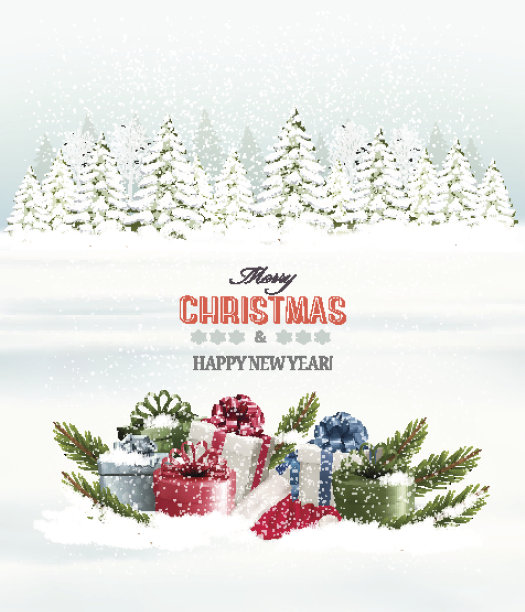 冬季背景与圣诞礼盒。向量。图片下载