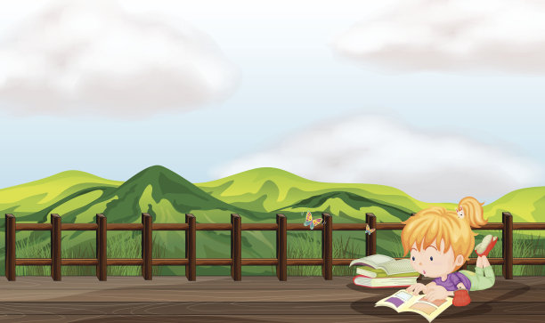 在木桥上学习的女孩图片下载