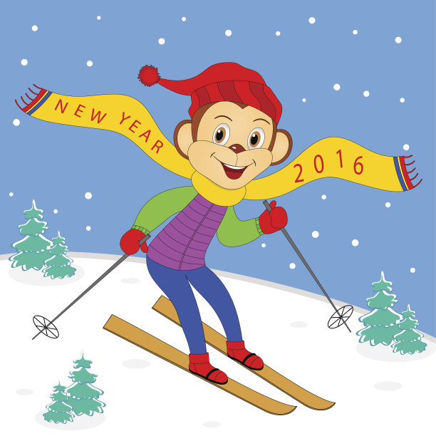 猴子在冬季的风景中滑雪图片下载