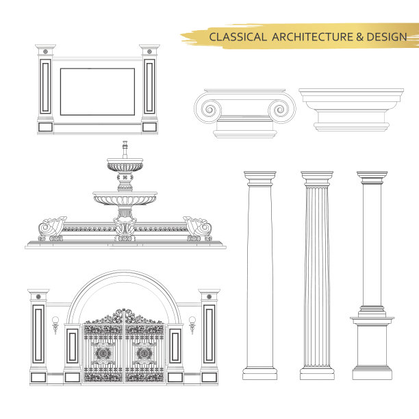 古典建筑形式的图纸集。矢量绘图设计元素图片下载