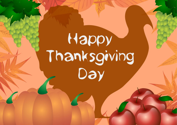 橙色背景下的秋叶、苹果、葡萄和南瓜。图片下载