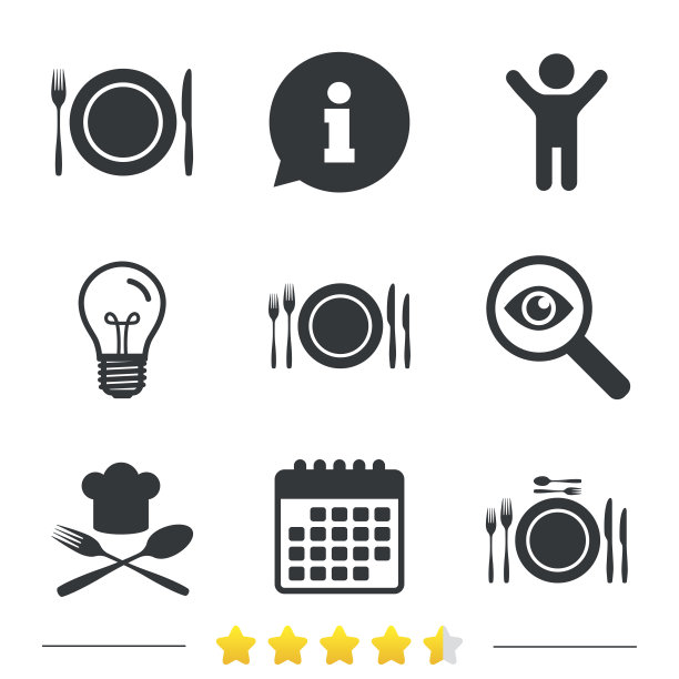 盘子盘子与刀叉的图标。首席的帽子。图片下载