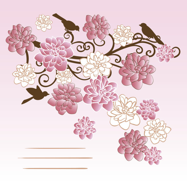 卡片上有三只鸟在开花的树枝上图片下载