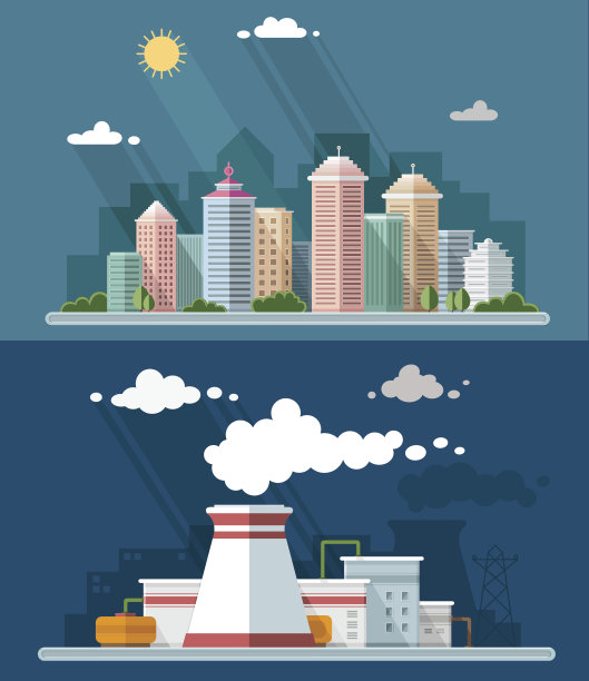 平面城市景观插图，包括市中心、郊区和工业景观图片下载