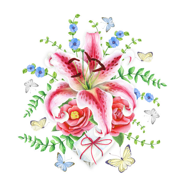 水彩设计与百合和蓝色的花图片下载