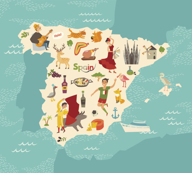 西班牙地图矢量。儿童图解地图。图片下载