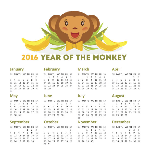 矢量日历2016年与搞笑猴子图片下载