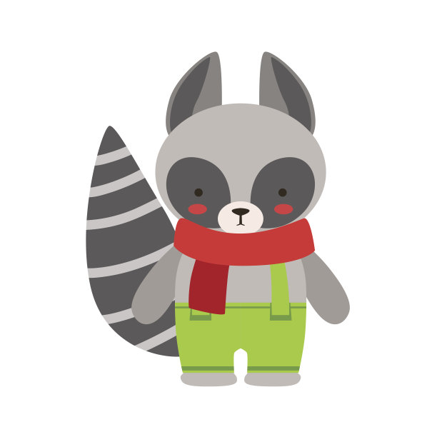 戴着红围巾和绿裤子的浣熊可爱的玩具宝宝图片下载