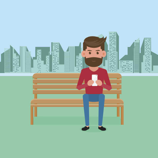 男子坐在公园长椅上使用智能手机进行在线交流图片下载