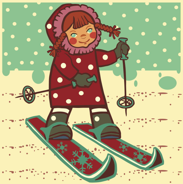 可爱的小女孩滑雪。图片下载