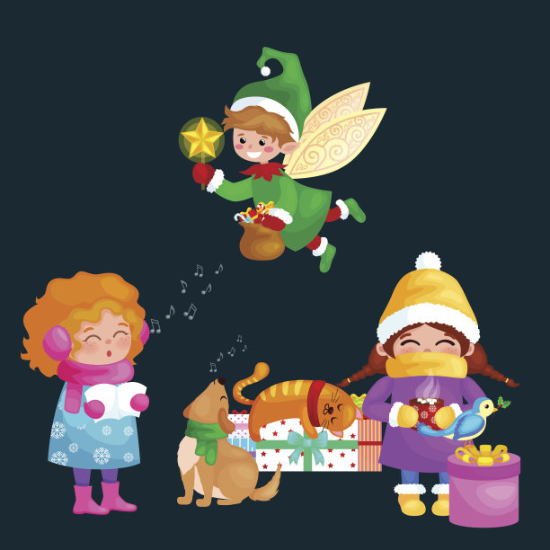 插画集圣诞快乐新年快乐，女孩唱节日图片下载