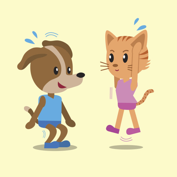 卡通猫和狗做下蹲图片下载