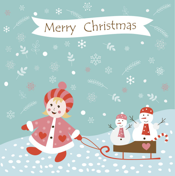 圣诞节复古背景与女孩和雪人图片下载